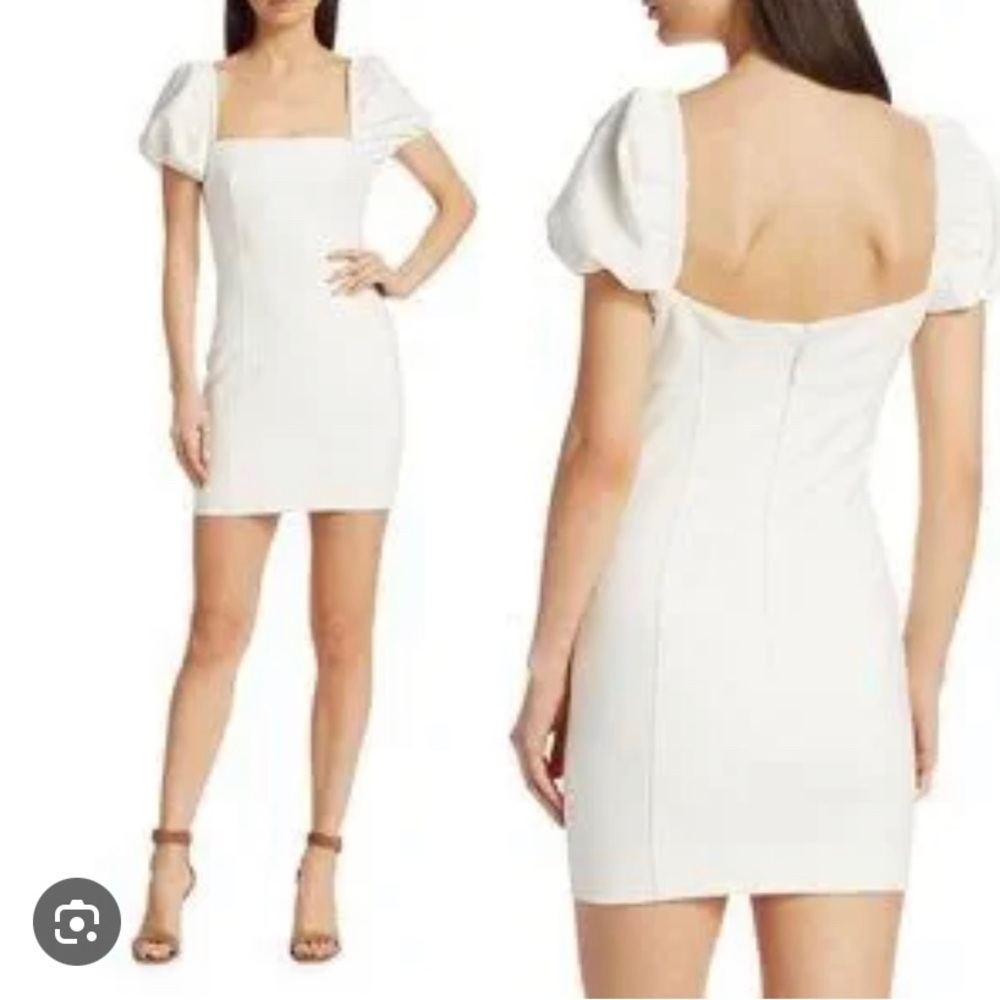 5 à 7 Cinq a Sept Fitted Mini‎ Cocktail Dress White Puff Sleeves Squareneck s 10